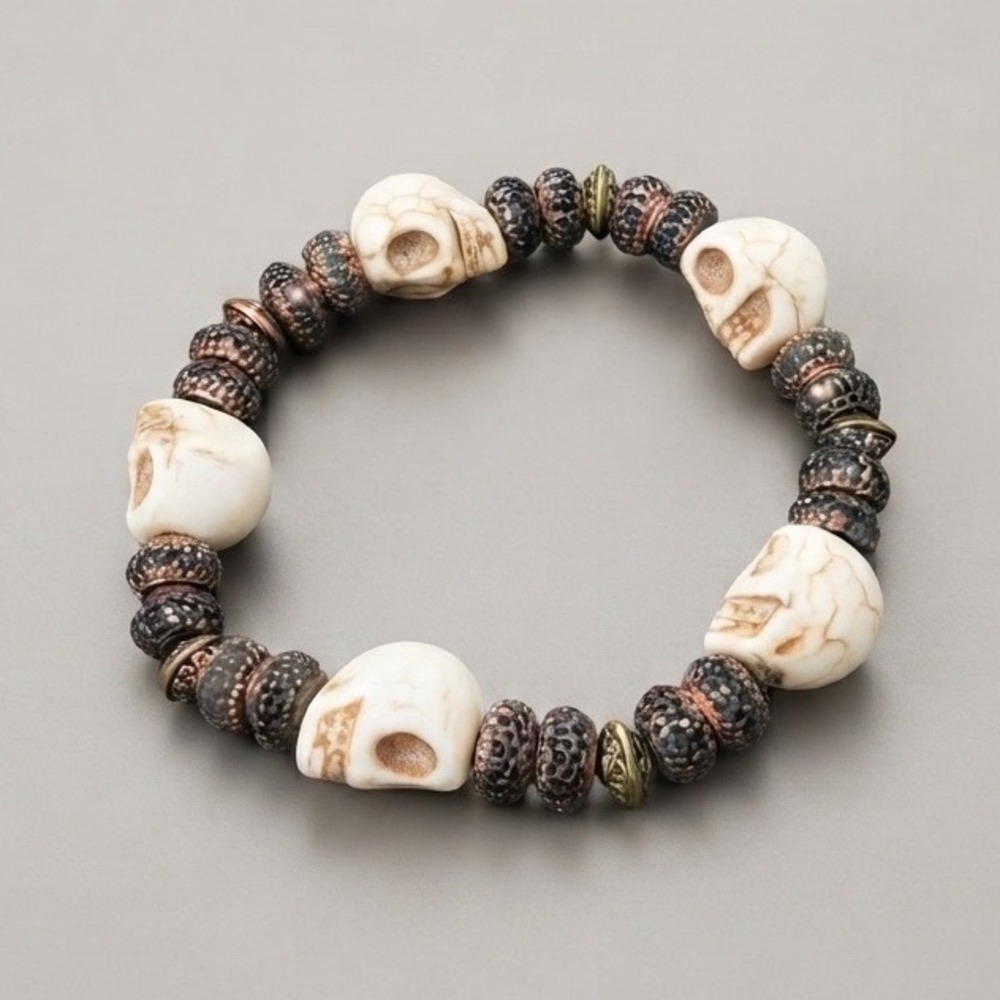 Howlite Skull Stretch Bracelet Gothic Beads Goth Whimsigoth Metallic Grunge Dark